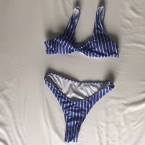 Blue Pink Striped Bikini High Cut